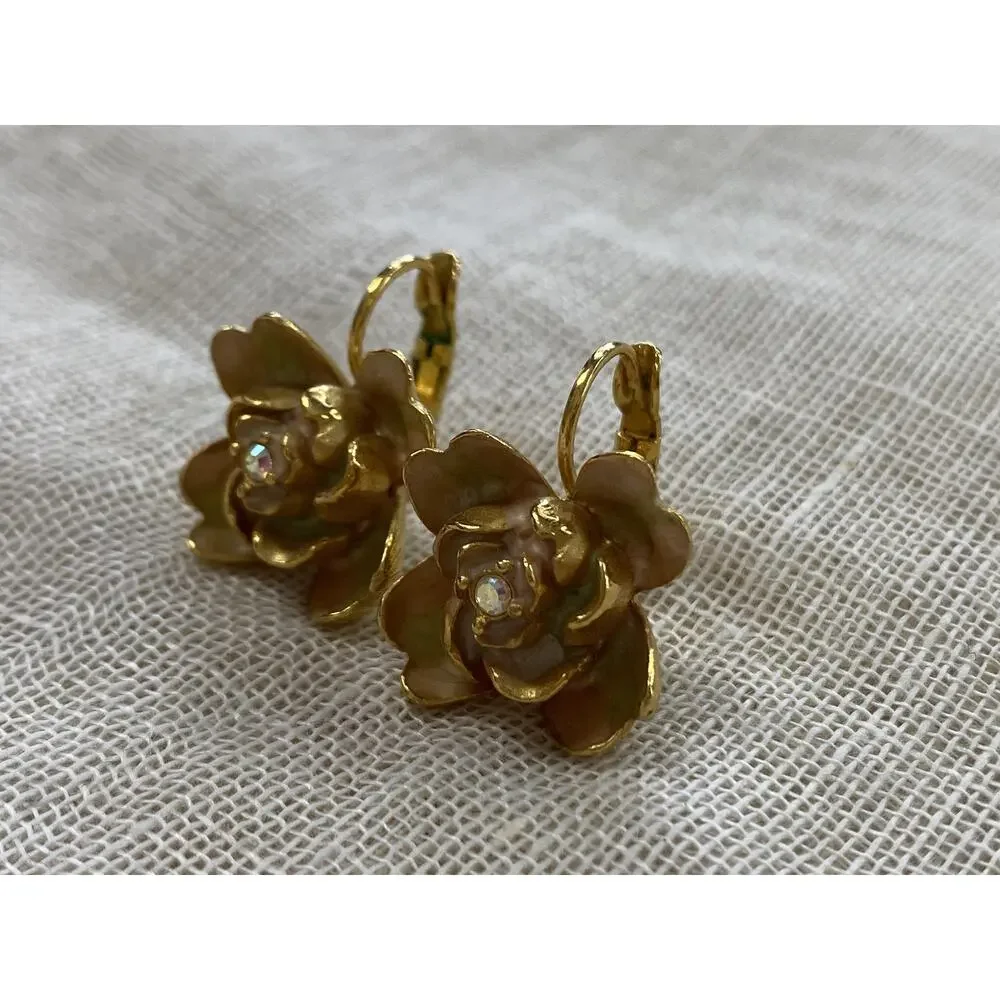 Joan Rivers Earrings Gold Tone Pastel Enamel Flower Dangle Drop Vintage‎ Y2K